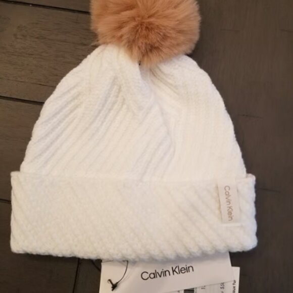 Calvin Klein Chunky Rib Knit Pom Beanie - Cream